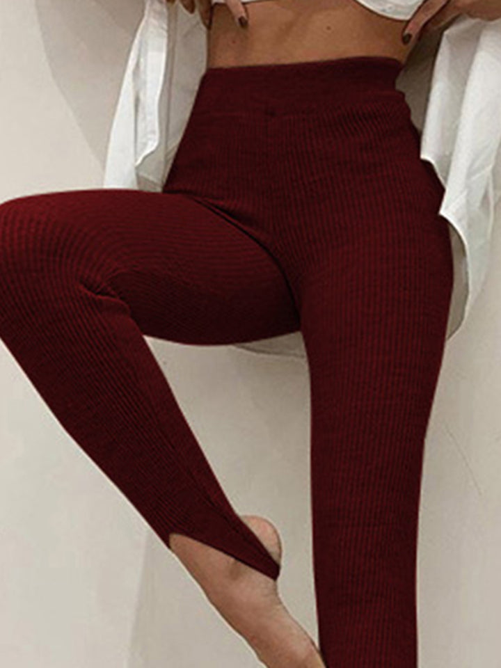 Ribbed knit mid-rise leggings with split hem