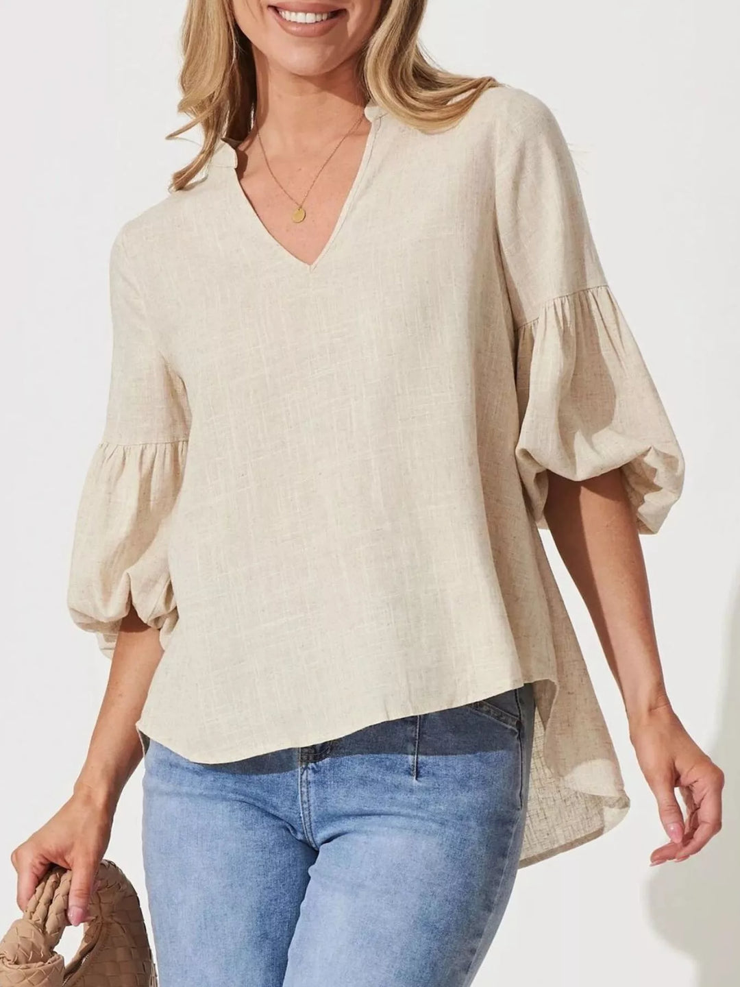 Apricot Balloon sleeve blouse with notched neckline and high-low hem