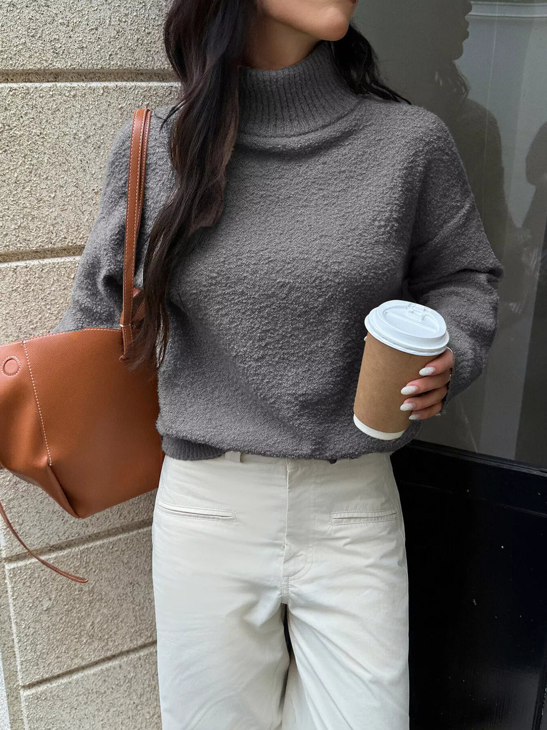 Gray Textured knit turtleneck sweater with drop shoulders