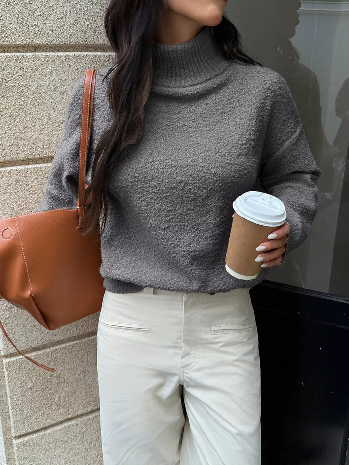 Gray Textured knit turtleneck sweater with drop shoulders