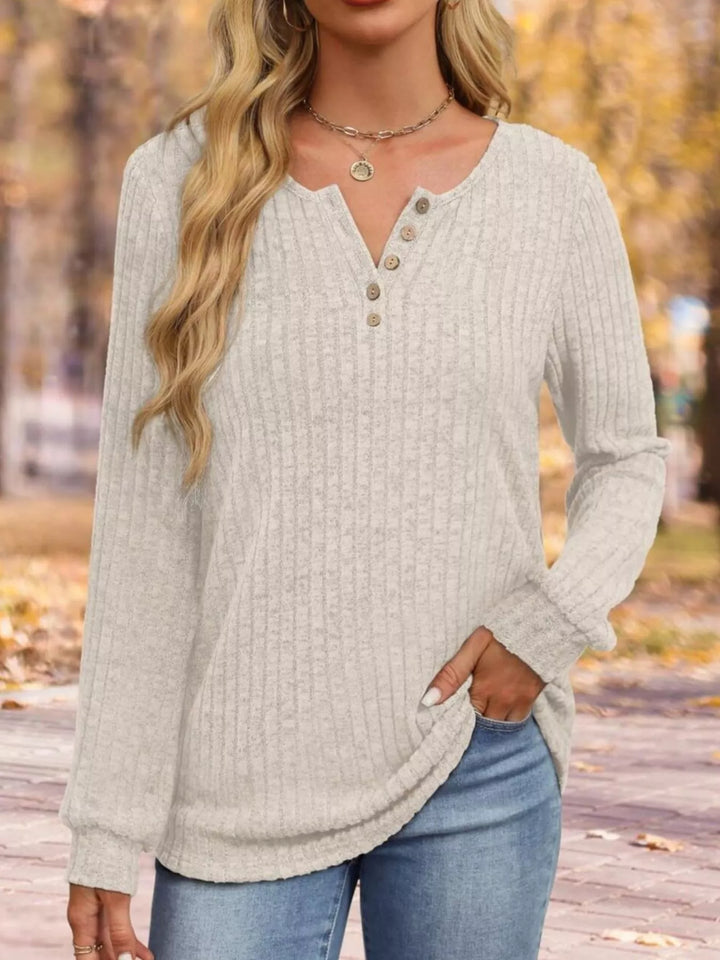 Ribbed knit button henley long sleeve top