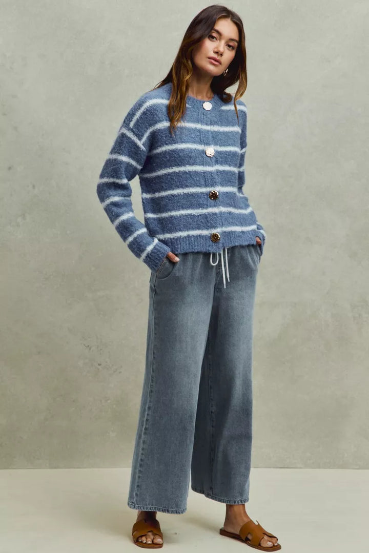 Pull-on mid-rise flare denim jeans with drawstring waist