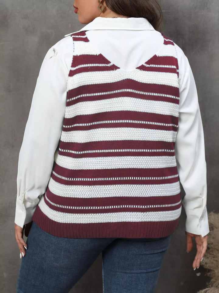 Plus size striped V-neck knit sweater vest