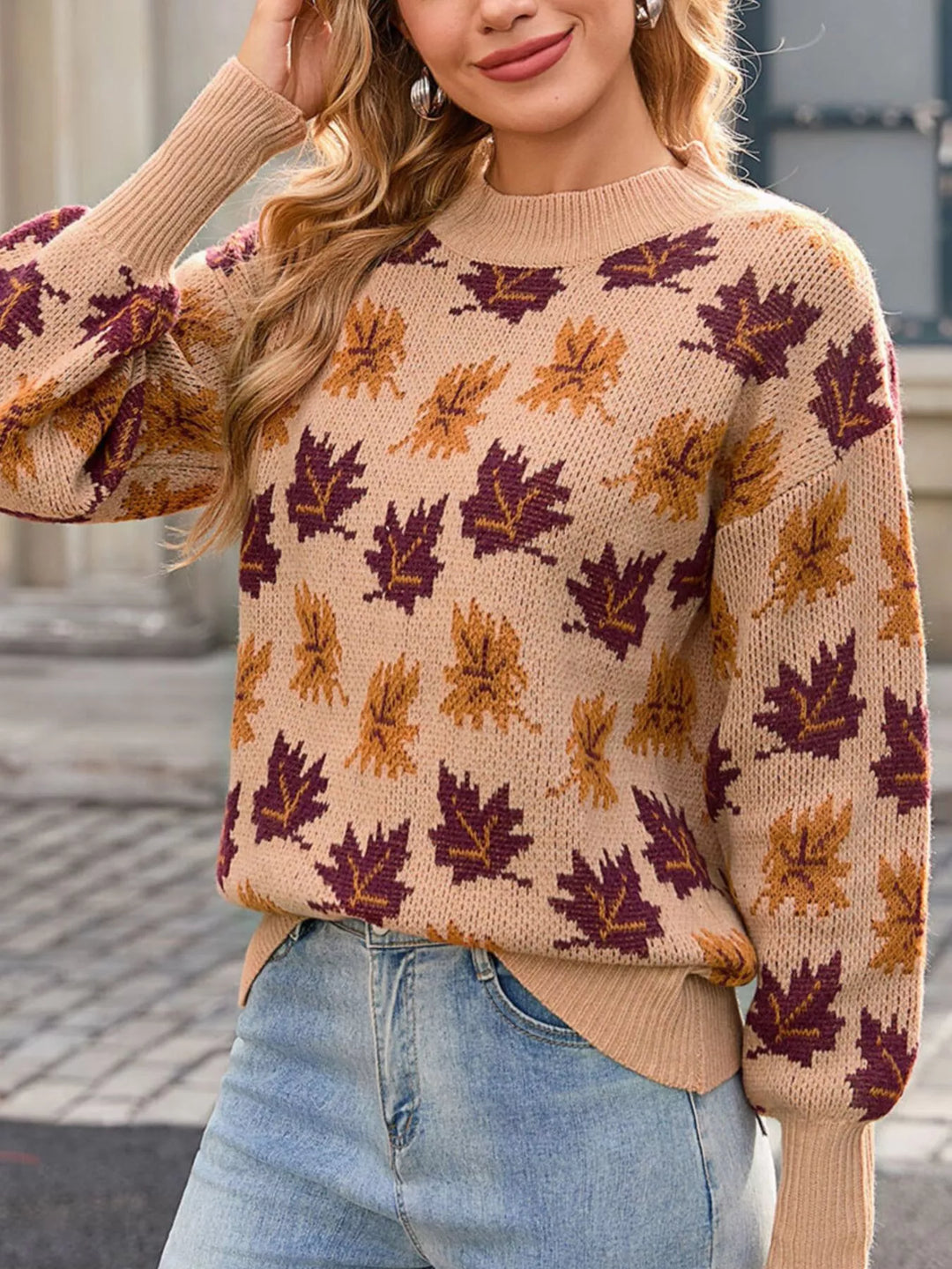 Khaki Maple leaf jacquard knit mock neck sweater