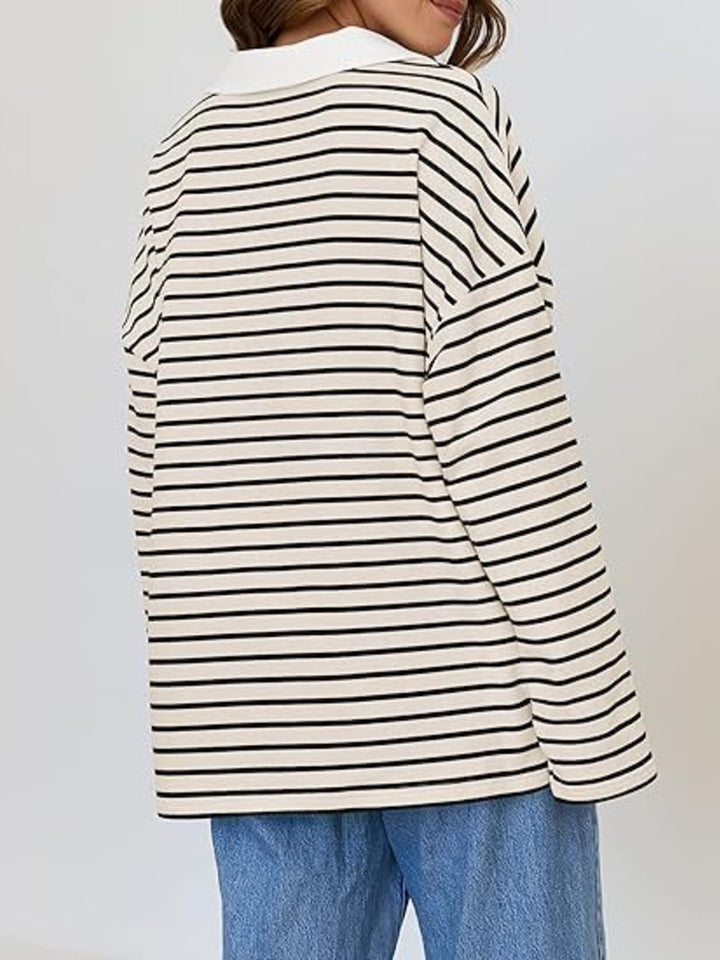 Striped oversized long sleeve top with contrast collar