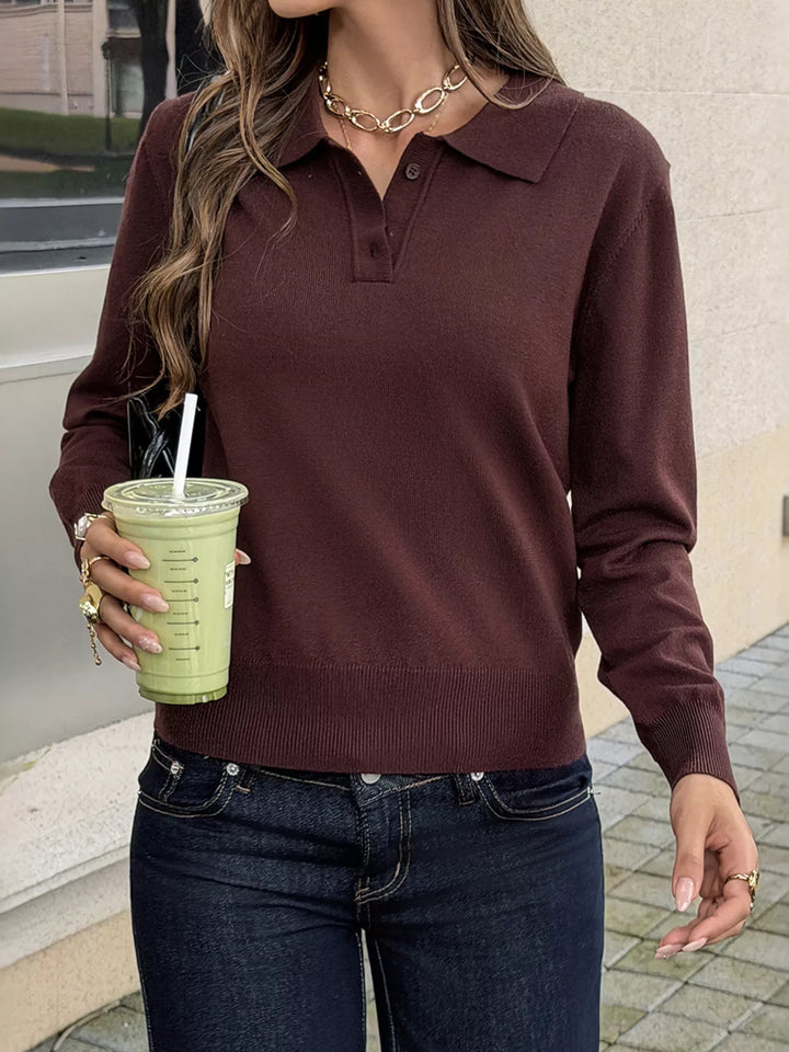 Brown Polo collar half-button knit sweater with ribbed hem