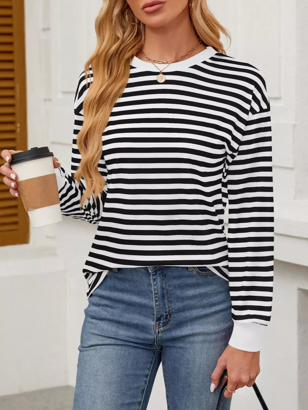 Contrast-trim striped long sleeve crew neck top