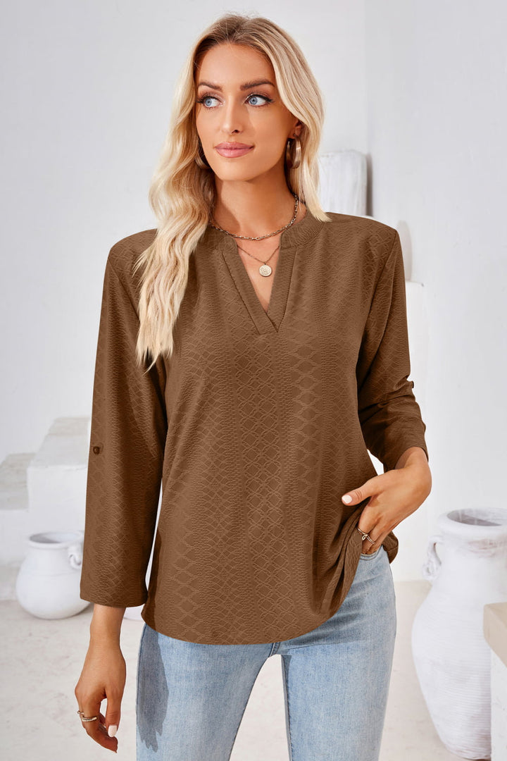 Brown Textured split v-neck blouse with roll-tab sleeves