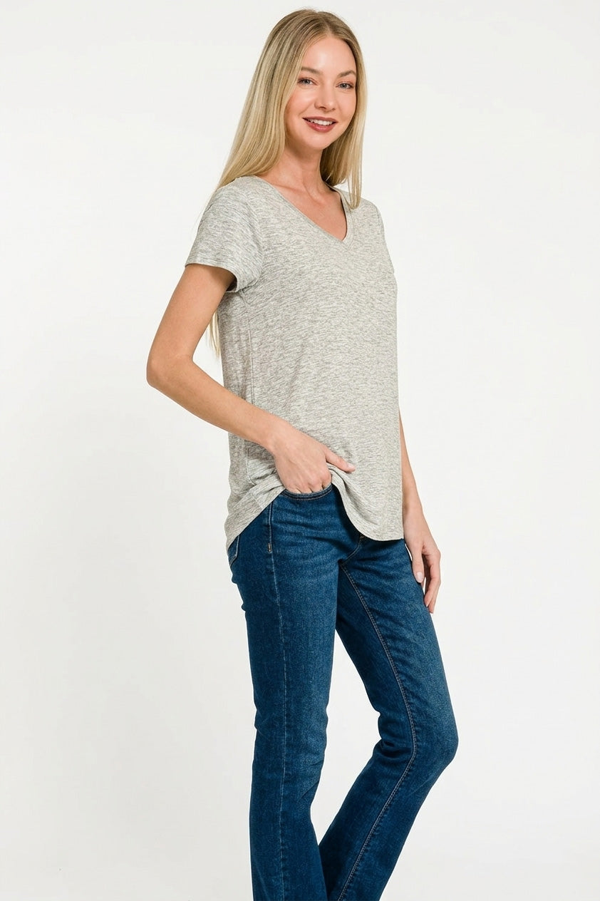 Rayon short sleeve V-neck tee with rounded hem