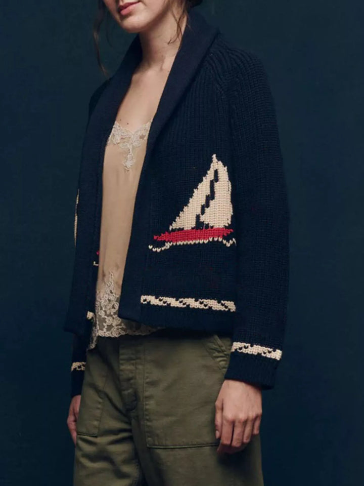 Open-front sailboat knit long sleeve cardigan