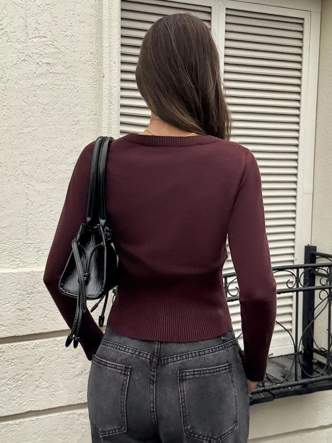 Cropped button-down knit cardigan with ribbed waist