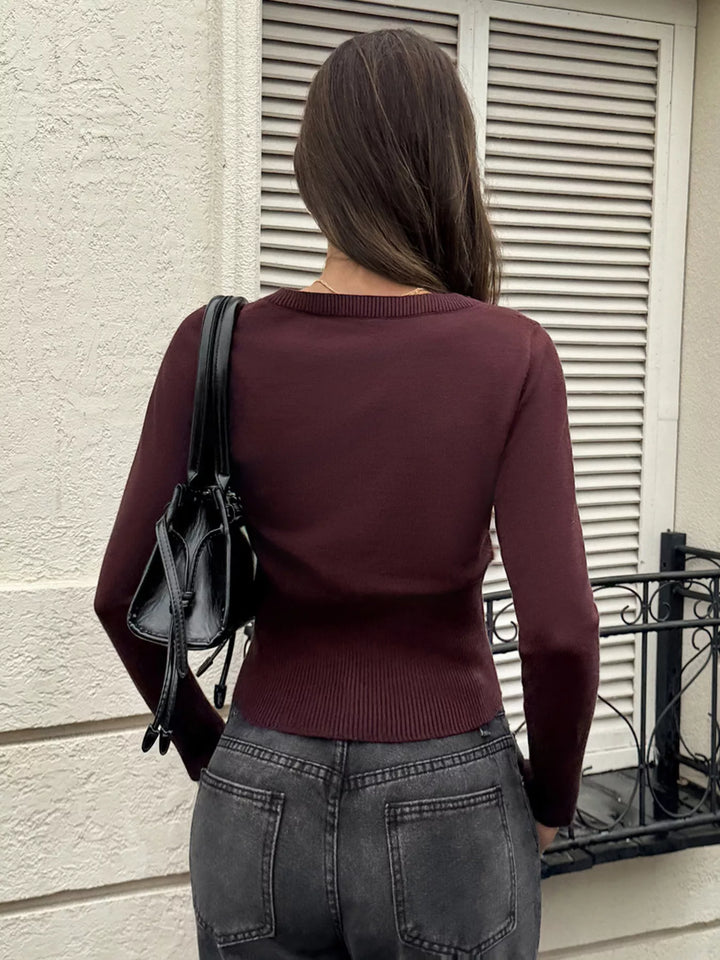 Cropped button-down knit cardigan with ribbed waist