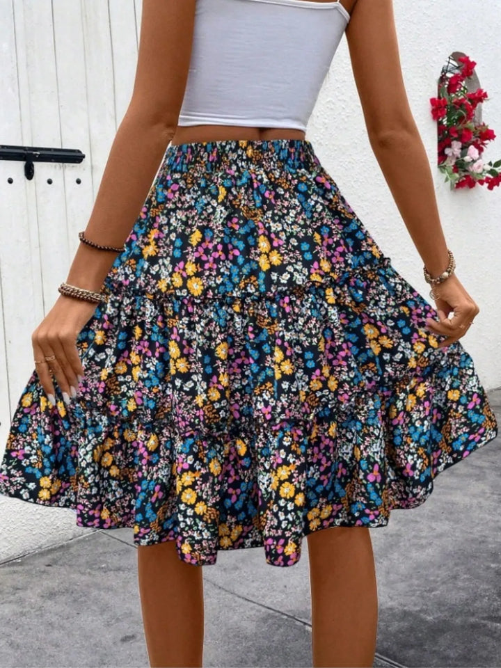 Floral print tiered ruffle mini skirt