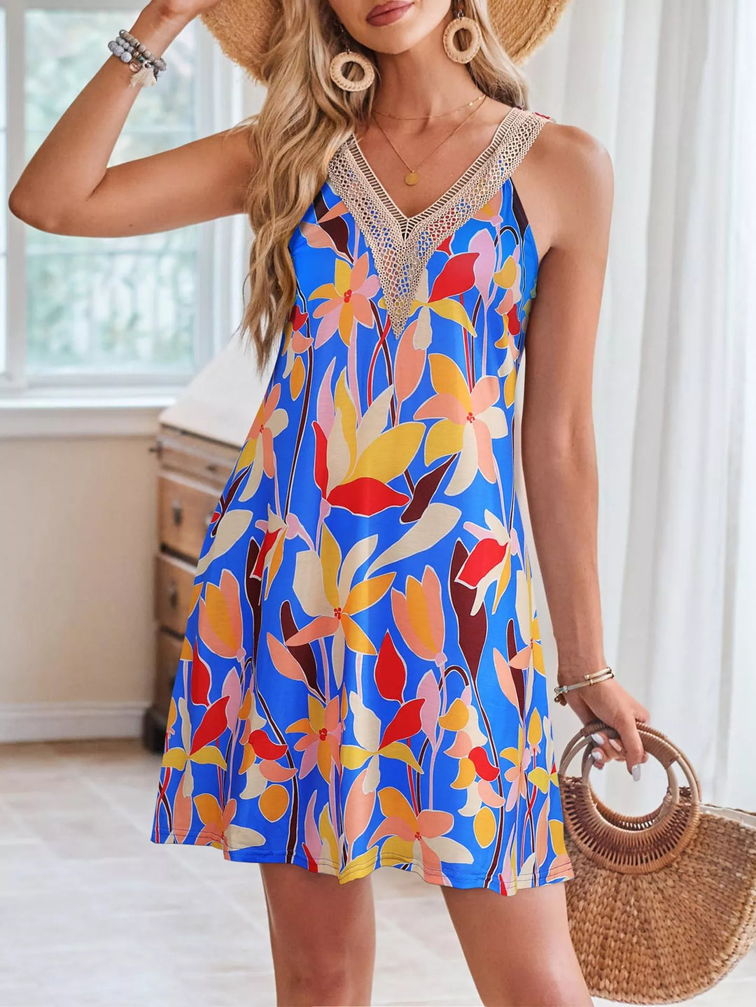 Blue Yellow Tropical leaf print V-neck mini dress with crochet trim