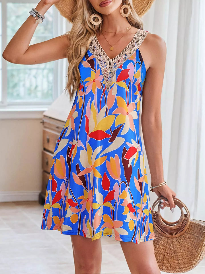 Blue Yellow Tropical leaf print V-neck mini dress with crochet trim