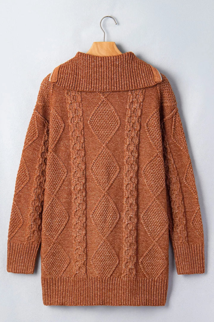 Cable knit quarter-zip mini sweater dress with drop shoulders