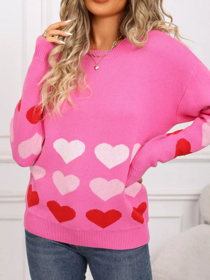 Heart pattern crew neck sweater with ribbed cuffs