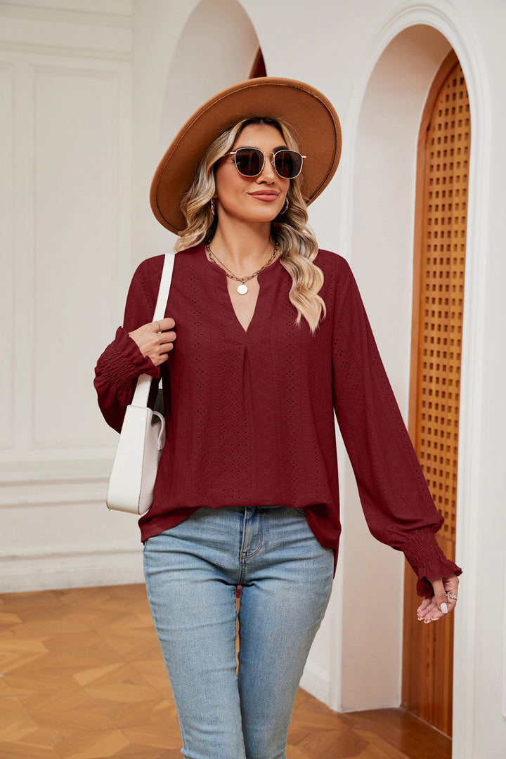 Wine Eyelet notched-neck blouse with flounce sleeves