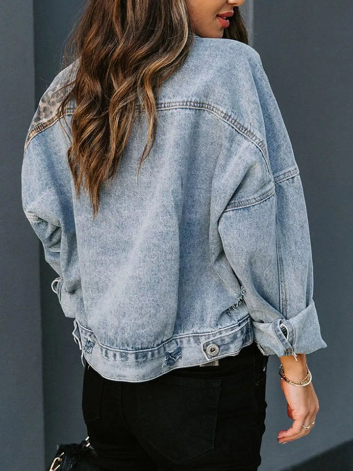 Distressed leopard-panel button-up denim jacket