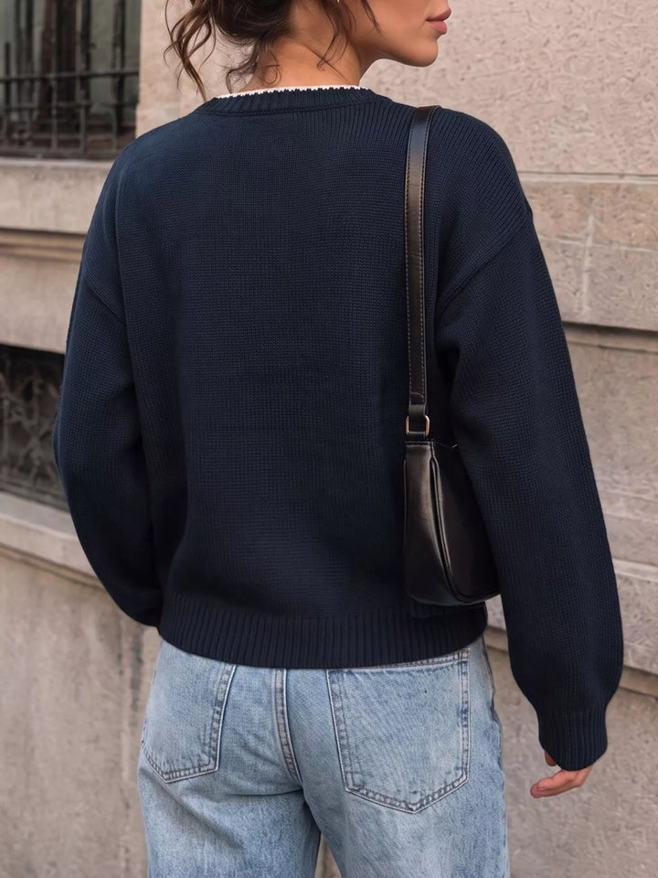 Swan intarsia drop-shoulder knit sweater with contrast trim