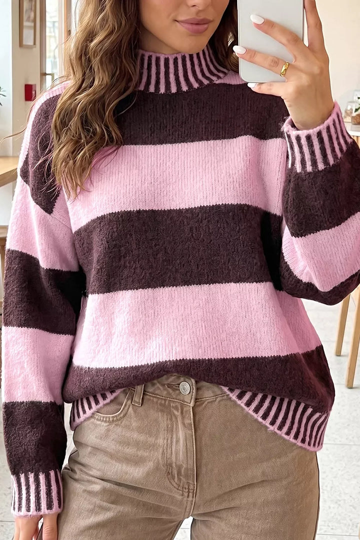 Blush Pink Wide stripe mock neck drop shoulder relaxed sweater