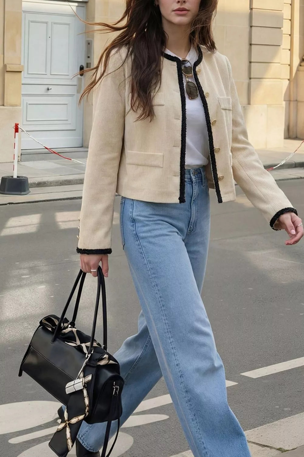 Contrast trim corduroy cropped jacket with gold buttons