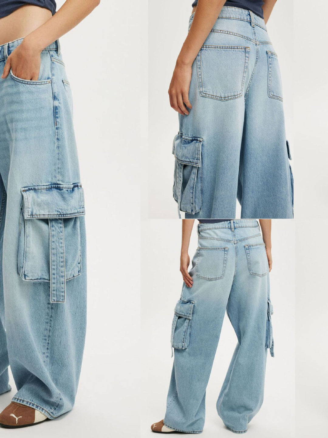 Vintage wash wide-leg cargo jeans with strap pockets