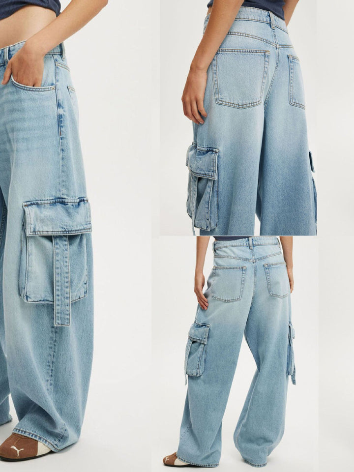 Vintage wash wide-leg cargo jeans with strap pockets