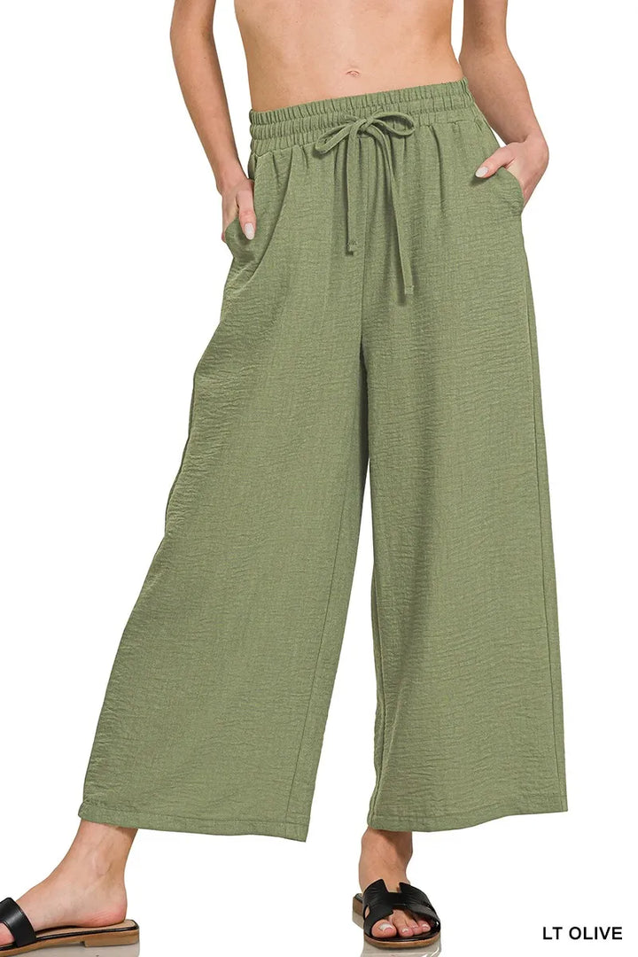 LT OLIVE Woven crepe wide-leg cropped pants with drawstring waist