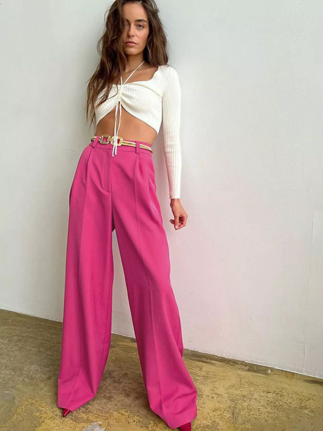Pleated wide-leg dress pants with high-rise waist