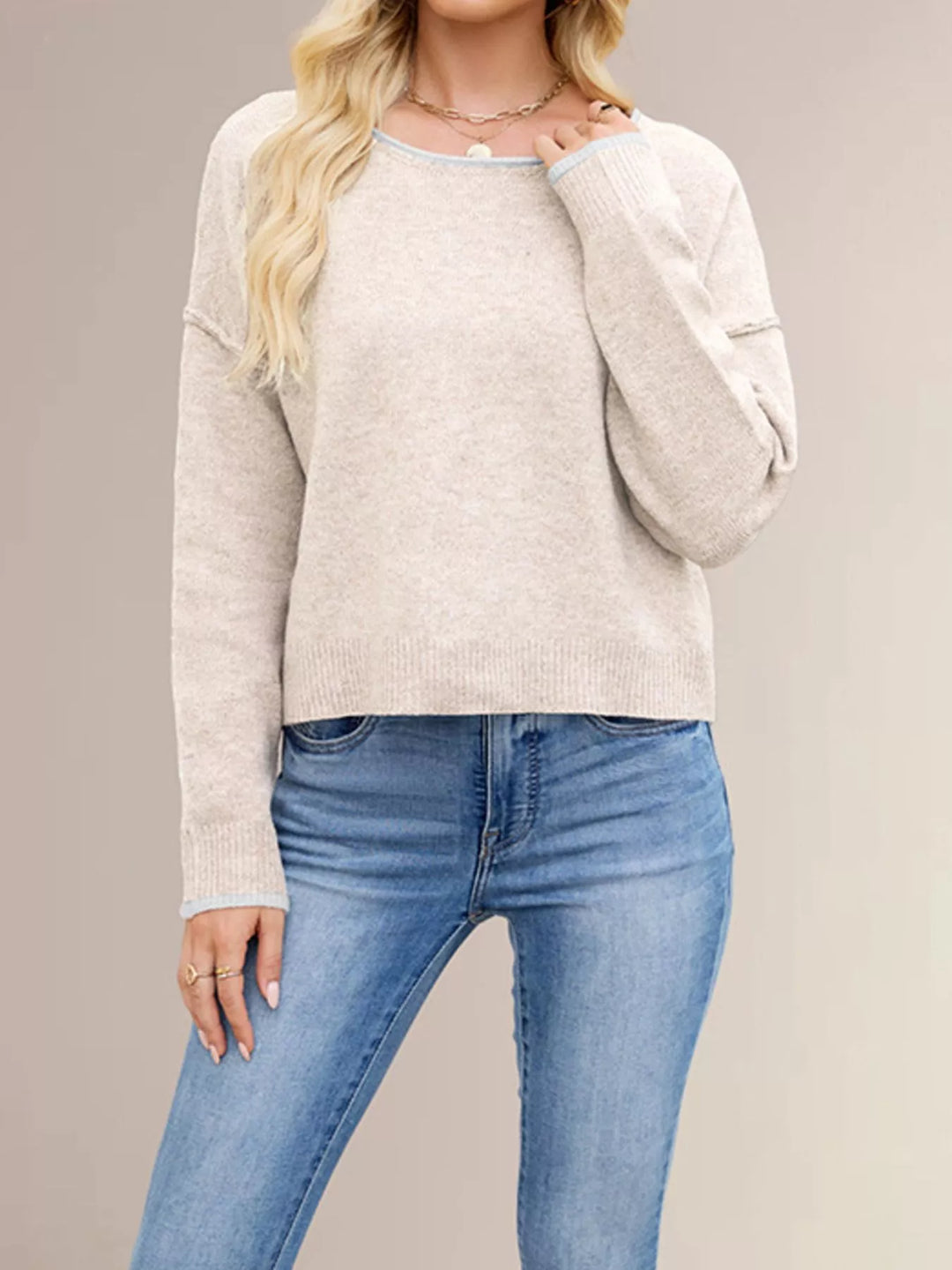 Apricot Contrast trim drop shoulder knit sweater with ribbed hem