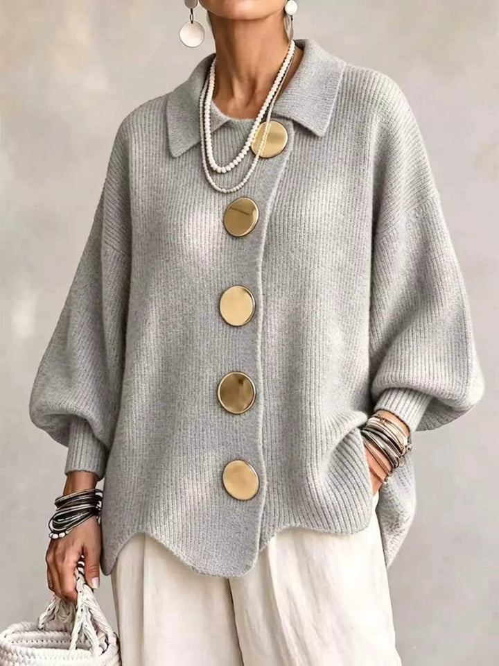 Light Gray Oversized gold button ribbed knit collared cardigan