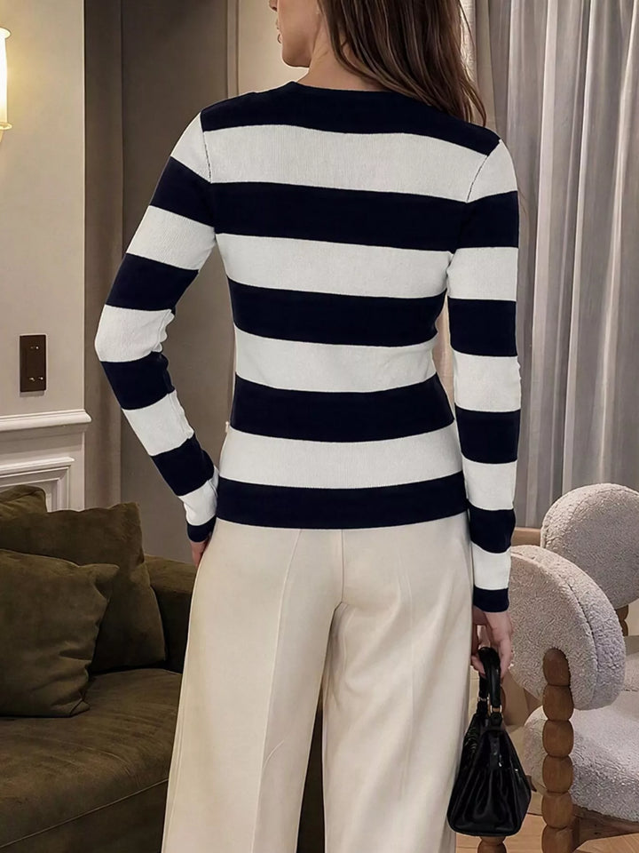 Wide stripe knit cardigan with gold crest buttons