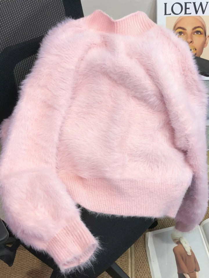 Fuzzy knit cropped cardigan with rhinestone bow buttons