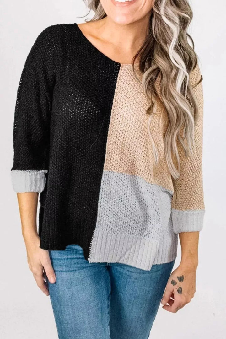 Color block ribbed knit v-neck loose sweater