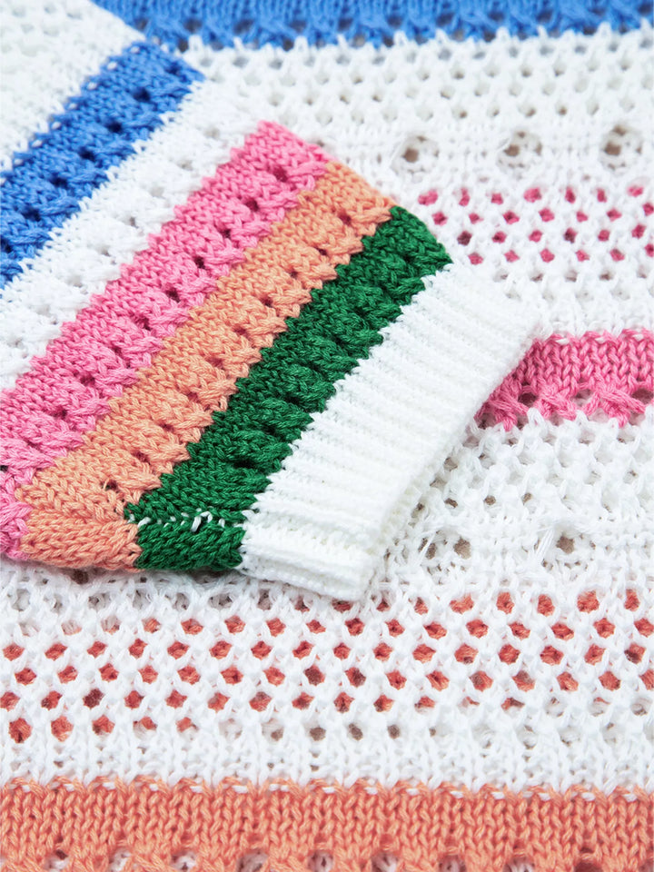 Striped pointelle open-knit pullover sweater