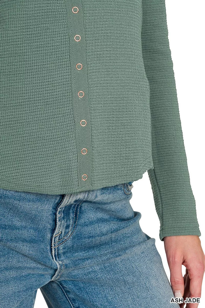 Textured double knit snap button long sleeve top