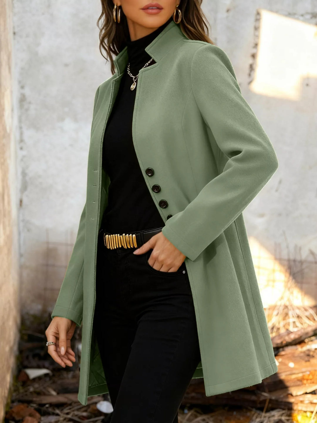 Single-breasted stand-collar longline coat