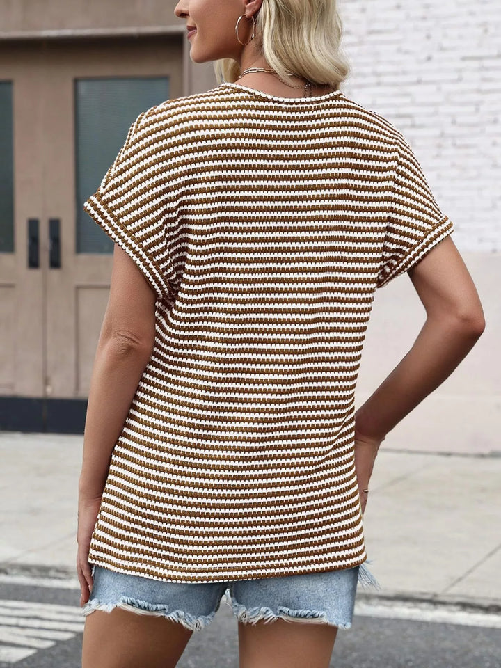 Striped V-neck relaxed short sleeve knit top