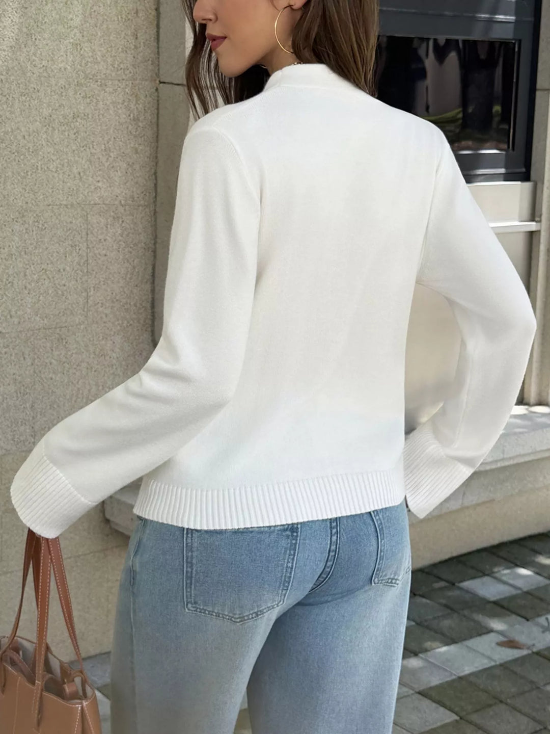 Deep V-neck button-front knit cardigan with patch pockets