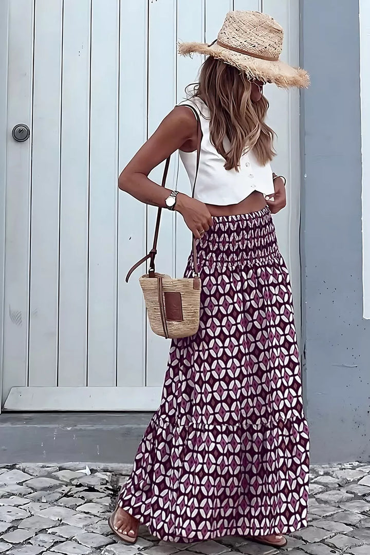 Geometric print tiered smocked waist maxi skirt