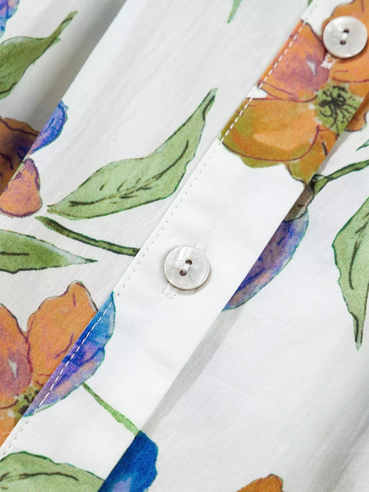 Watercolor floral ruffle-sleeve V-neck cotton blouse