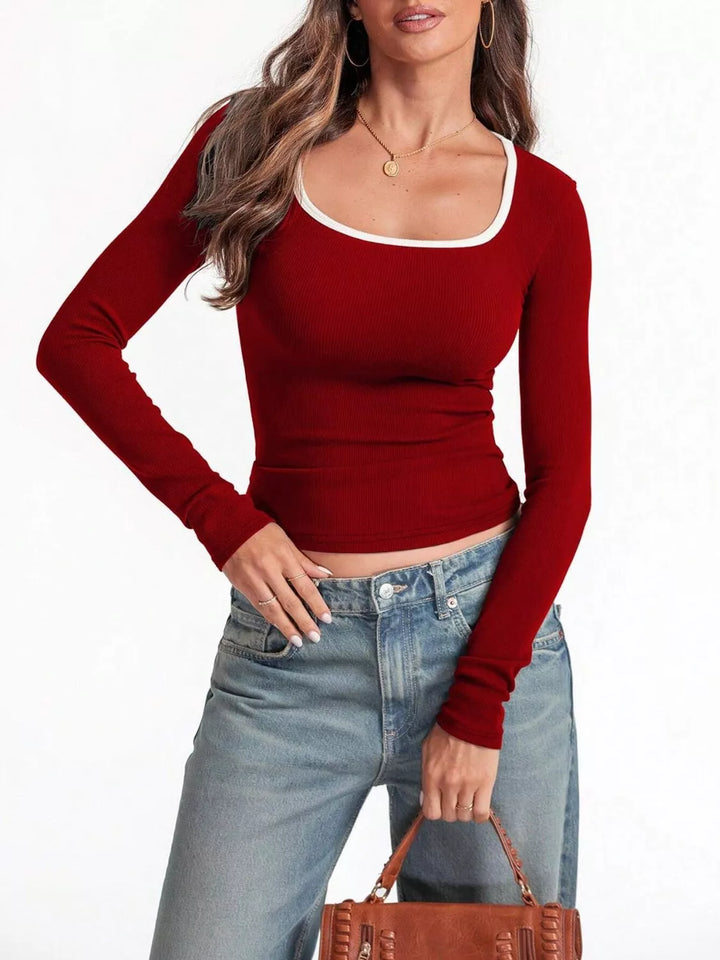 Ribbed contrast-trim square neck long sleeve top