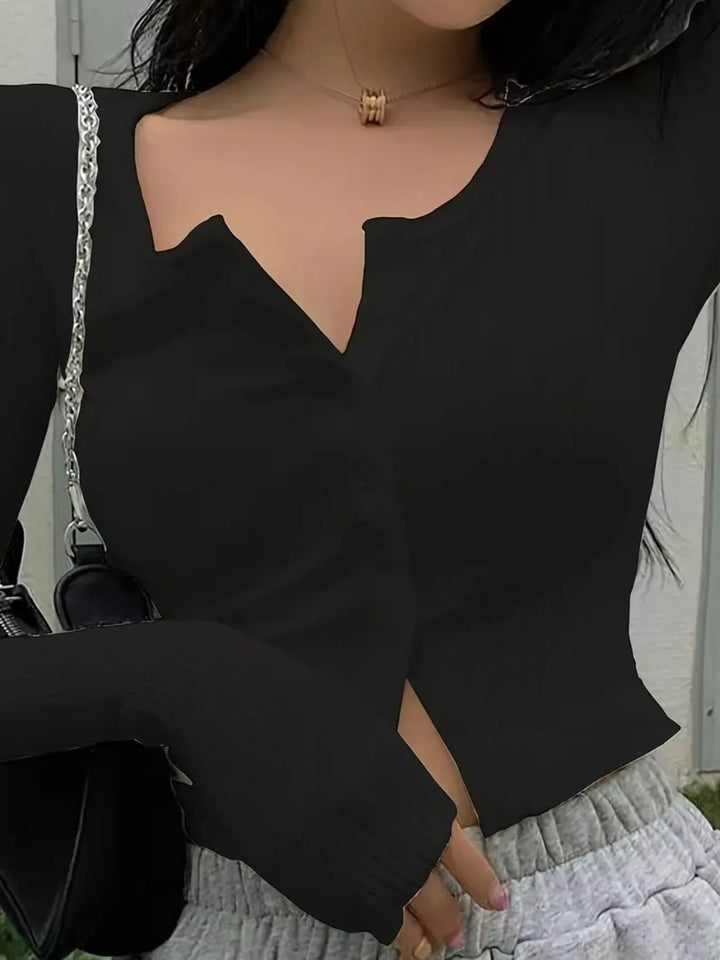 Black Ribbed knit button-front long sleeve top
