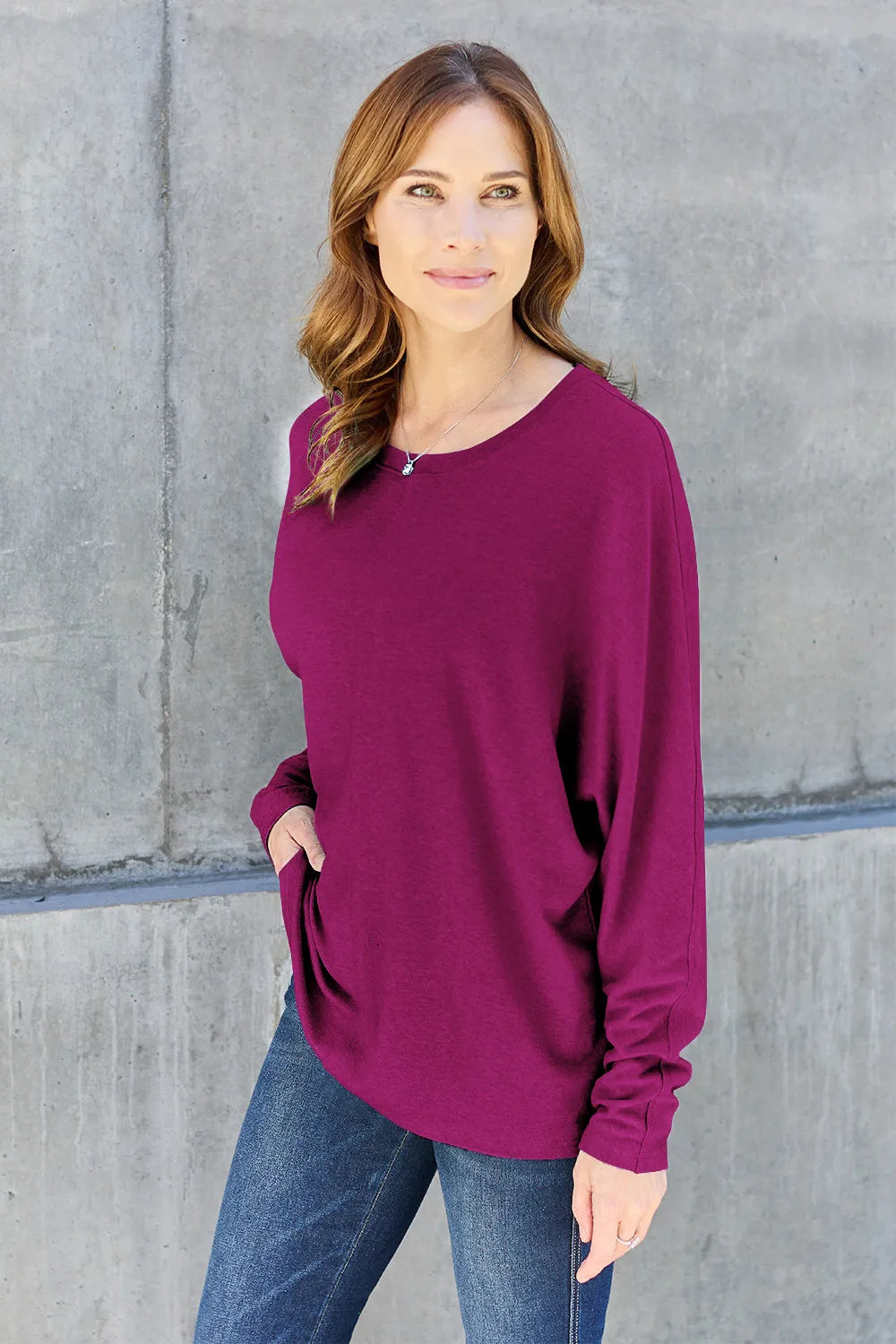 Relaxed drop-shoulder round neck long sleeve top