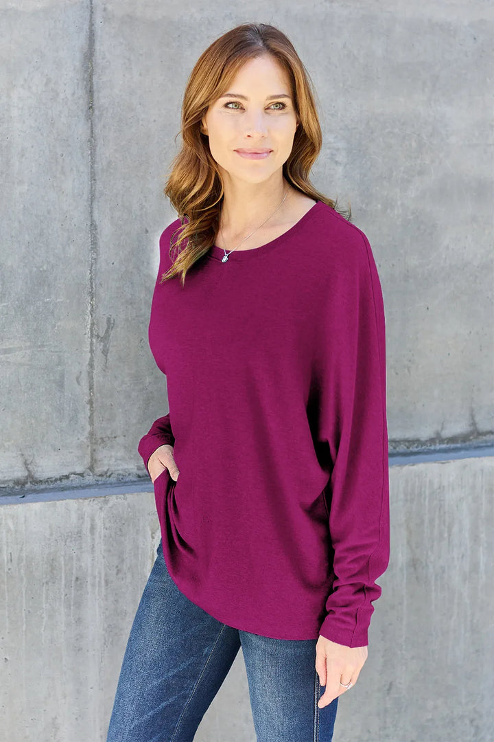 Relaxed drop-shoulder round neck long sleeve top