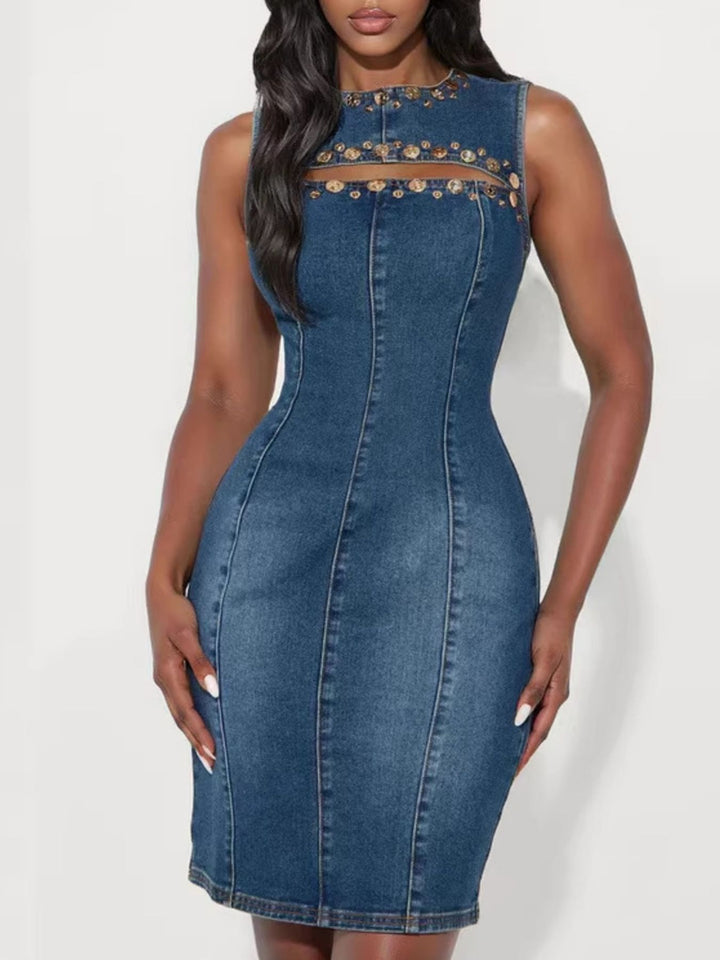 Navy Studded cutout sleeveless denim mini dress