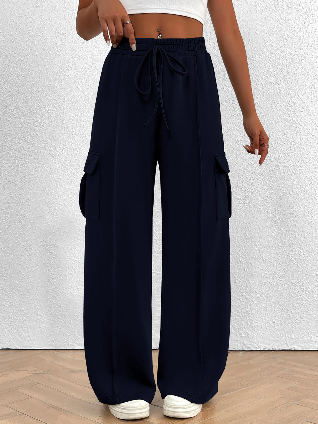Navy Drawstring high-waist wide-leg cargo pants with flap pockets