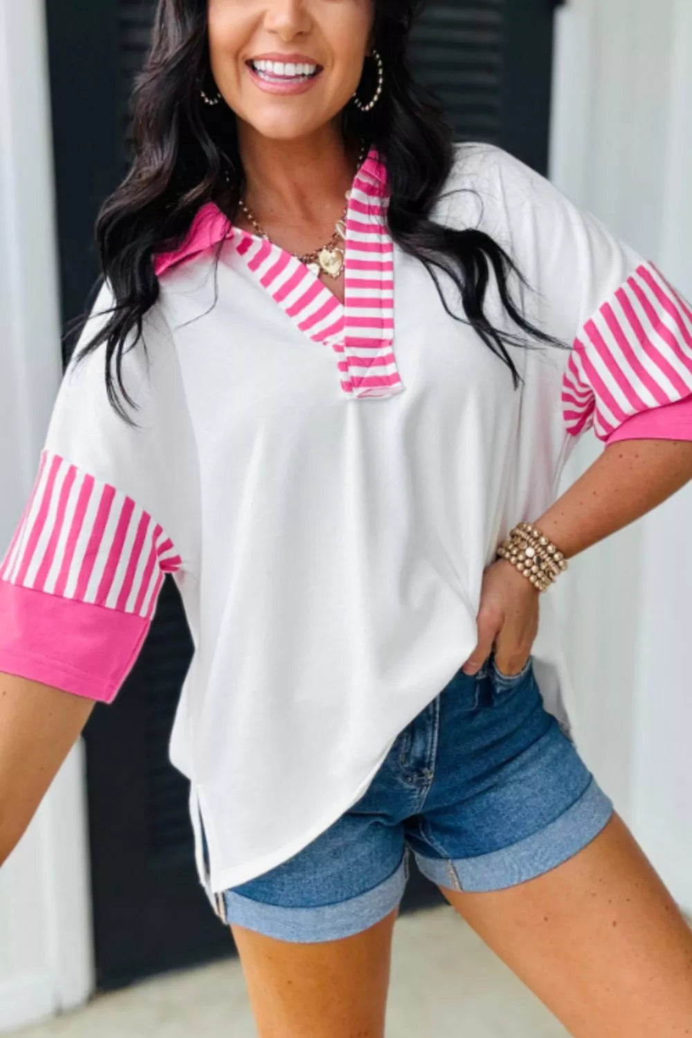 White Striped color-block polo collar short-sleeve top