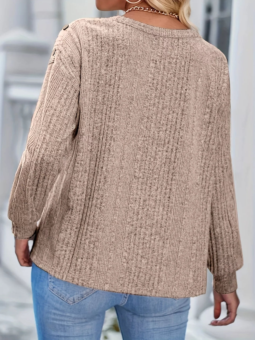 Ribbed knit boat neck top with shoulder buttons